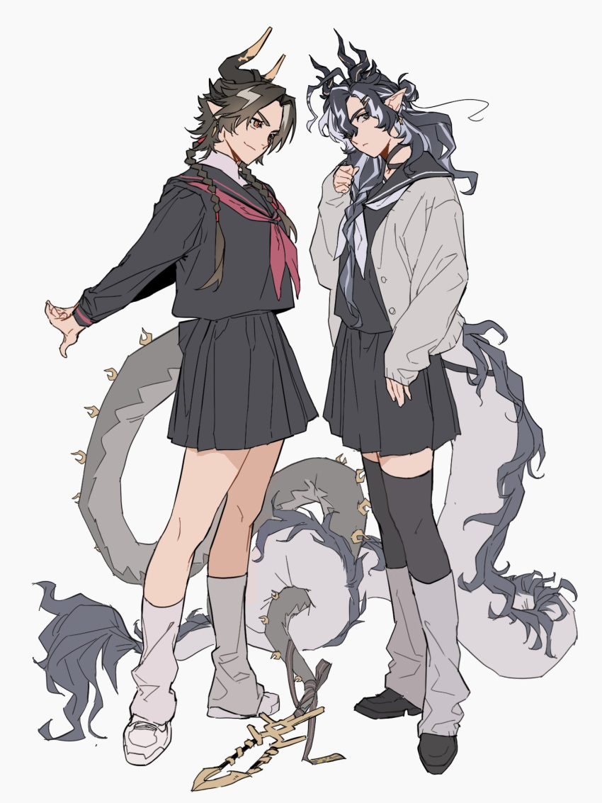 alternate_costume, alternate_hairstyle, arknights, arms_behind_back, black_hair, black_serafuku, black_skirt, black_thighhighs, braid, brothers, brown_hair, chinese_commentary, chongyue_(arknights), closed_mouth, coffffffee, collared_shirt, commentary_request, crossdressing, crossdressing_(mtf), dragon_boy, dragon_horns, dragon_tail, eastern_dragon_horns, eastern_dragon_tail, full_body, grey_background, hair_between_eyes, hair_over_shoulder, hand_up, highres, horns, intertwined_tails, leg_warmers, long_hair, long_sleeves, looking_at_viewer, male_focus, miniskirt, multicolored_hair, neckerchief, outstretched_arms, pleated_skirt, pointy_ears, red_neckerchief, school_uniform, serafuku, shirt, shoes, siblings, skirt, smile, socks, standing, streaked_hair, tail, thigh-highs, twin_braids, wang_(arknights), white_background, white_shoes, white_socks