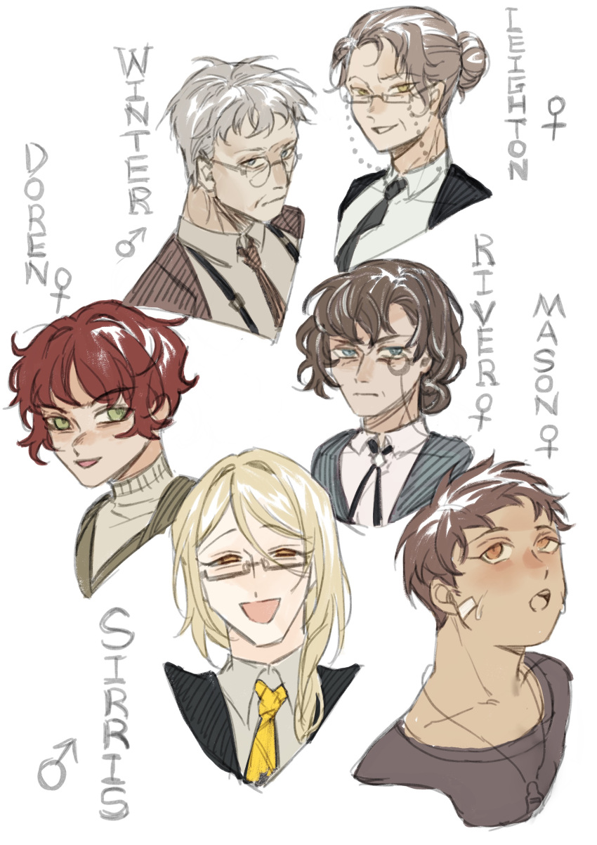 2boys, 4girls, absurdres, bandaid, black_necktie, blonde_hair, blue_eyes, bob_cut