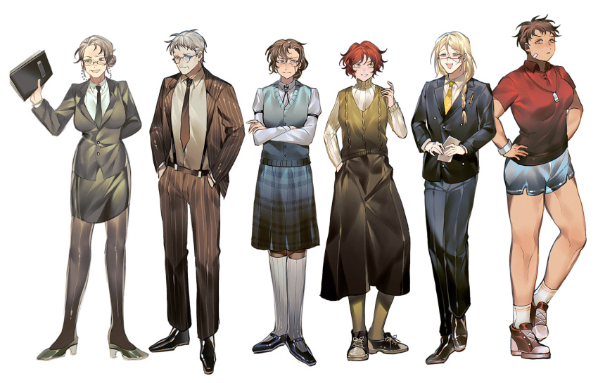 2boys, 4girls, ankle_socks, baggy_pants, bandaid, bandaid_on_face, black-framed_eyewear, black_jacket