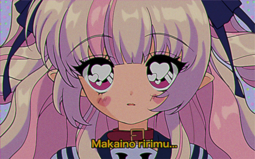 1990s_(style), 1girl, brown_hair, collar, commentary, cure_heart_(artist), fake_screenshot, faux_retro_artstyle