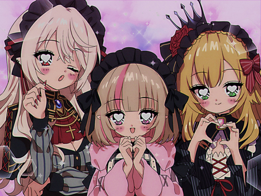 1990s_(style), 1boy, 2girls, black_hairband, blonde_hair, brown_hair, commentary_request, crossdressing, crossdressing_(mtf), crown, cure_heart_(artist), faux_retro_artstyle, frilled_hairband, frills, genderswap, genderswap_(mtf), green_eyes, grey_hair, hairband, heart, heart-shaped_pupils, heart_hands, highres, kuzuha, long_hair, loser_kings, makaino_ririmu, makaino_ririmu_(5th_costume), mini_crown, multiple_girls, nijisanji, official_alternate_costume, one_eye_closed, pink_eyes, pointy_ears, red_eyes, retro_artstyle, sanya_(1st_costume)_(nijisanji), sanya_(nijisanji), short_hair, symbol-shaped_pupils, trap, upper_body, uzuki_kou, uzuki_kou_(4th_costume), virtual_youtuber