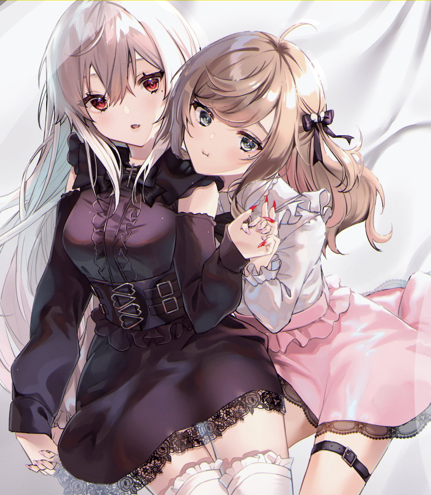 2girls, black_dress, blue_eyes, brown_hair, center_frills, commentary, cowboy_shot, cure_heart_(artist)