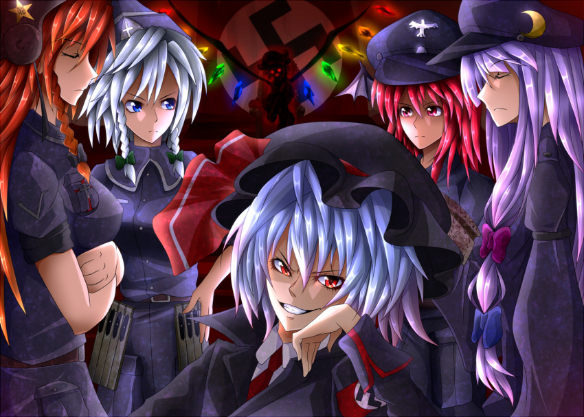 armband, blue_eyes, blue_hair, braid, chin_rest, closed_eyes, crescent, cross