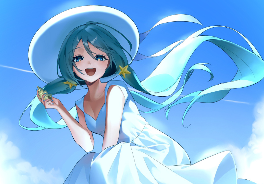 1girl, blue_eyes, blue_hair, commentary_request, dress, happy, hat, hatsune_miku, highres, kiki_(user_cpxw2288), korean_commentary, smile, sun_hat, sundress, twintails, vocaloid, white_dress