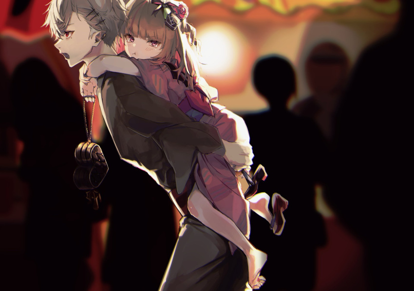 1boy, 1girl, :t, alternate_costume, backlighting, bag, blurry, blurry_background
