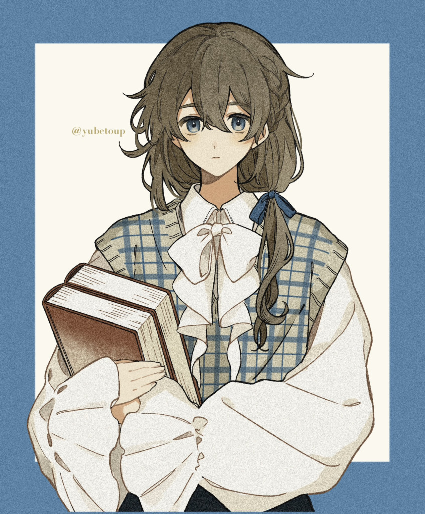 1girl, blue_background, blue_border, blue_eyes, blue_ribbon, book, border, bow