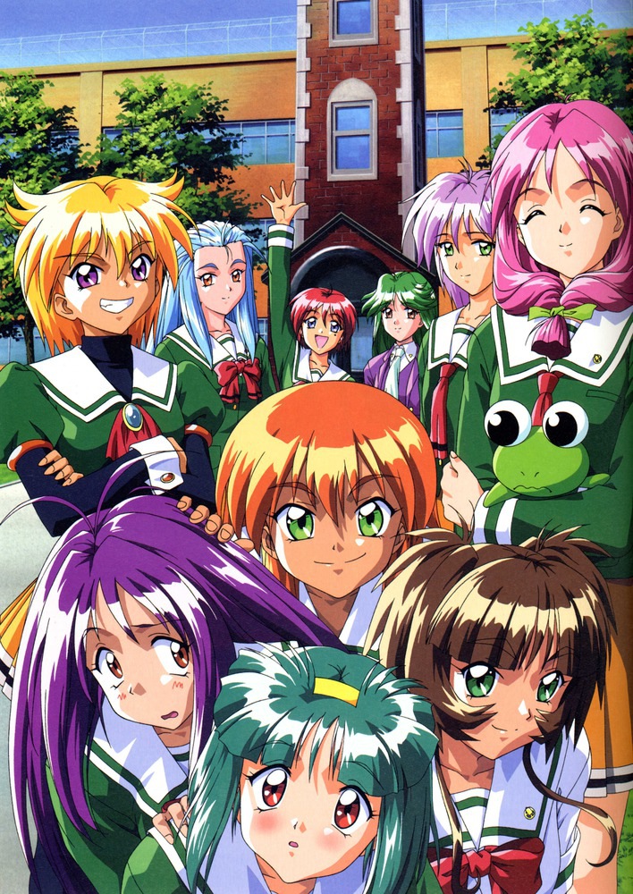 90s, :d, ^_^, akai_homura, arm_up, asou_kasumi, blonde_hair, blue_eyes