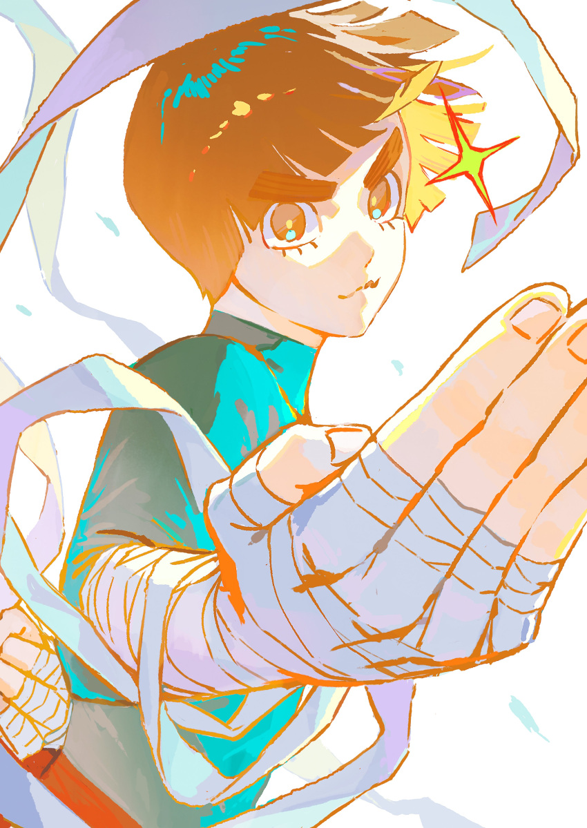 1boy, absurdres, arm_behind_back, bandaged_hand, bandaged_wrist, bandages, blunt_bangs, bodysuit
