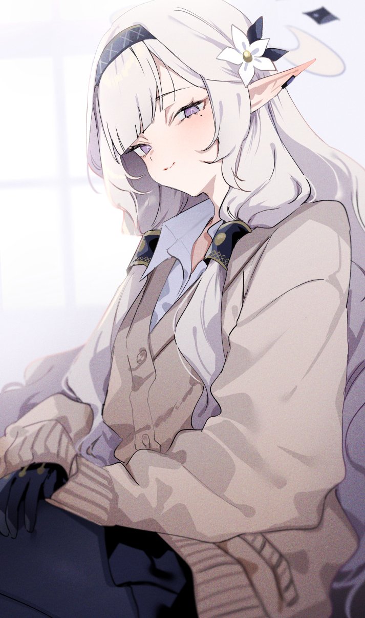 black_gloves, black_hairband, black_pantyhose, blue_archive, blush, cardigan, closed_mouth, collared_shirt