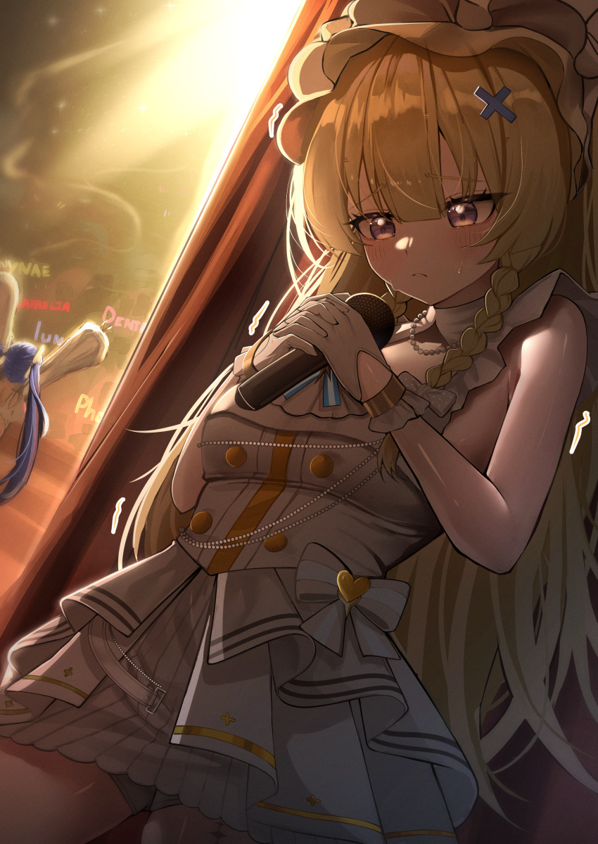 2girls, absurdres, blonde_hair, blush, breasts, commentary, dress, english_commentary