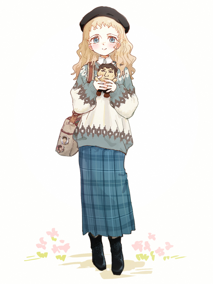 1girl, badge, bag, bakumatsu_shishi_channel, beret, black_boots, black_hat, blonde_hair