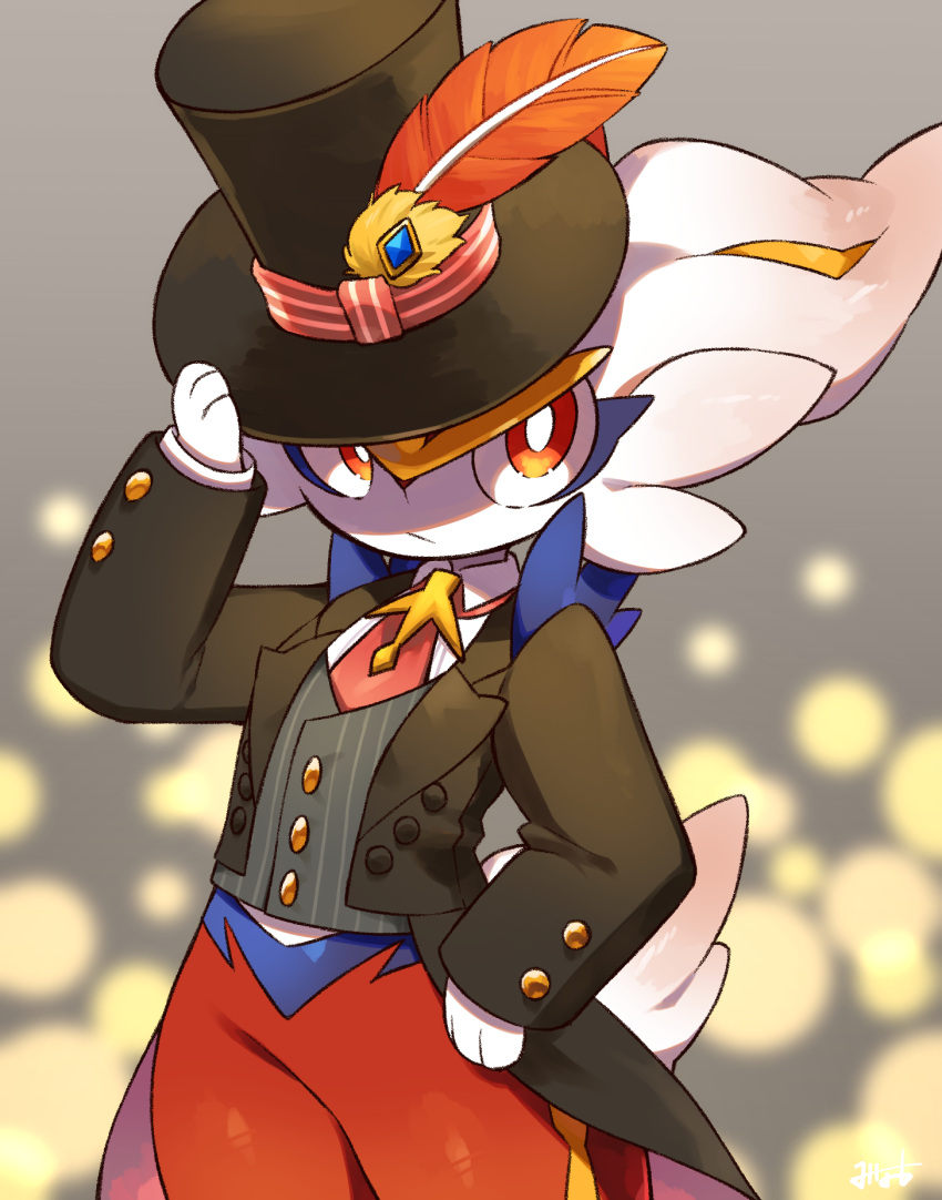 1boy, :/, adjusting_clothes, adjusting_headwear, animal_ears, animal_hands, arm_up, artist_name, black_coat, black_hat, blue_fur, blue_gem, blurry, body_fur, bokeh, bottomless, bright_pupils, buttons, cinderace, cinderace_(tuxedo), closed_mouth, coat, collared_shirt, commentary_request, cowboy_shot, depth_of_field, feathers, formal_clothes, furry, furry_male, gem, grey_background, grey_vest, hand_on_own_hip, hat, hat_feather, highres, layered_sleeves, long_sleeves, looking_at_viewer, male_focus, minamo_(minamoto_minamo), multicolored_fur, partial_commentary, pinstripe_pattern, pinstripe_vest, pokemon, pokemon_(creature), rabbit_boy, rabbit_ears, rabbit_tail, red_eyes, red_feathers, red_fur, red_shirt, shirt, signature, solo, standing, tail, tailcoat, top_hat, vest, white_fur, white_pupils