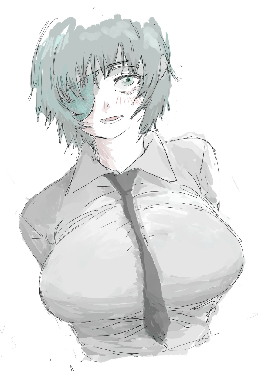1girl, arms_behind_back, black_necktie, breasts, collared_shirt, commentary_request, cropped_torso, eyepatch, green_eyes, green_hair, grey_shirt, highres, himeno_(chainsaw_man), large_breasts, muratakahashi2, necktie, open_mouth, shirt, short_hair, sketch, striped_blush, upper_body, white_background