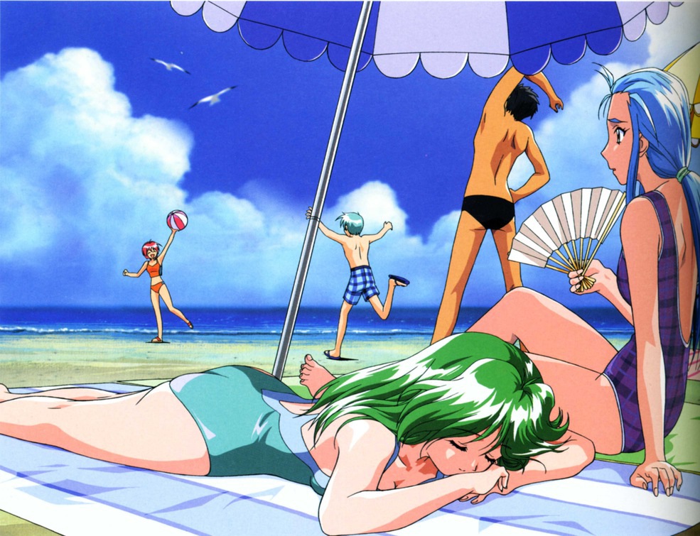 3girls, 90s, asou_kasumi, ball, bare_back, beach, beachball, bikini