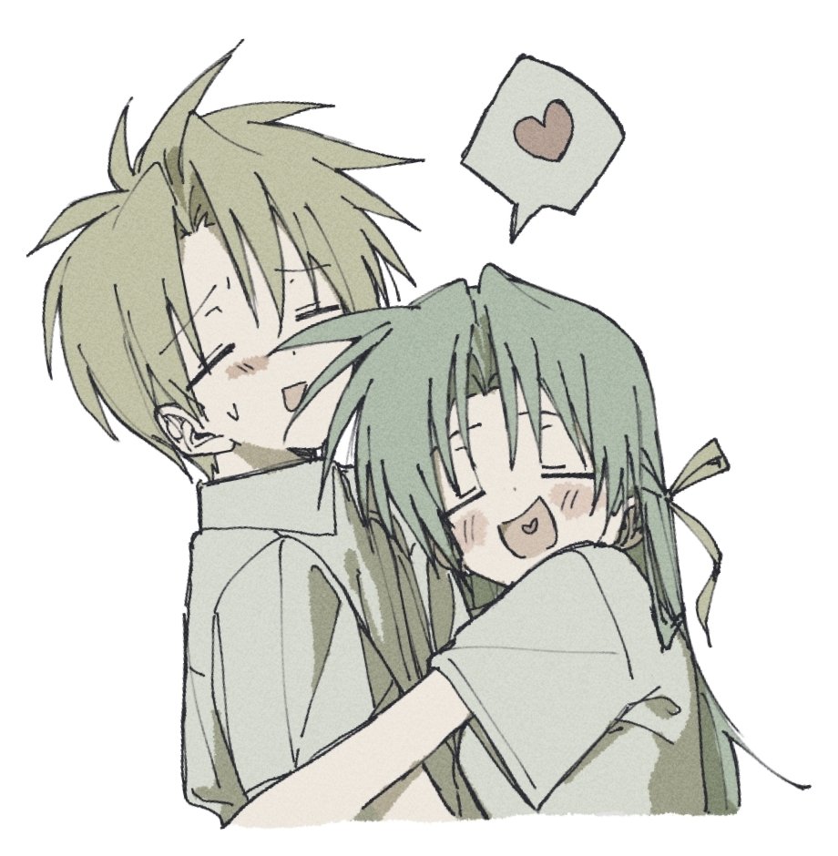1boy, 1girl, blonde_hair, blush, closed_eyes, commentary_request, green_hair, hair_ribbon