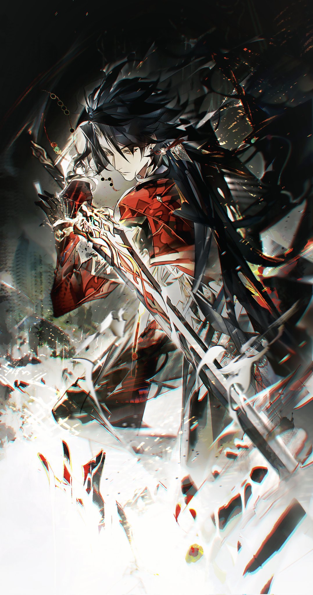 1boy, beads, black_hair, blade_(honkai:_star_rail), blue_hair, commentary_request, curtained_hair, dynamic_pose