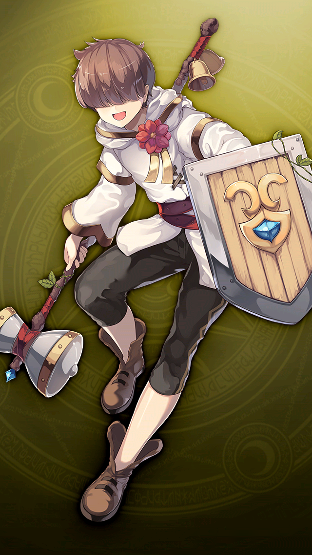 1boy, black_pants, blue_gem, brown_hair, brown_shoes, covered_eyes, flower, full_body, game_asset, gem, grimms_notes, hammer, holding, holding_hammer, holding_shield, joringel_(grimms_notes), joringel_(repage)_(grimms_notes), male_focus, non-web_source, official_art, open_mouth, pants, red_flower, shield, shoes, smile, solo, takanori_yamada, tunic, white_tunic, yellow_background