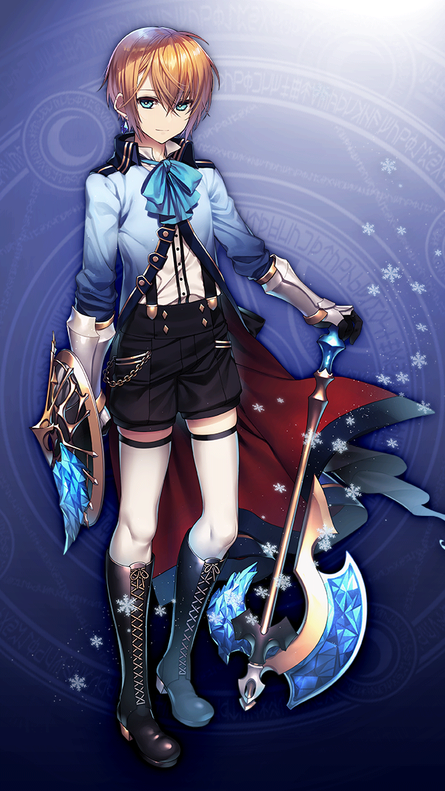 1boy, aqua_ascot, arm_guards, ascot, axe, black_boots, black_gloves, black_shorts