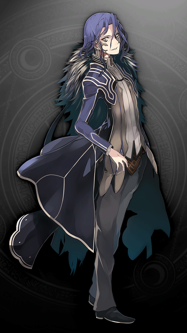 1boy, black_shoes, blue_coat, blue_hair, coat, earrings, full_body, fur_trim