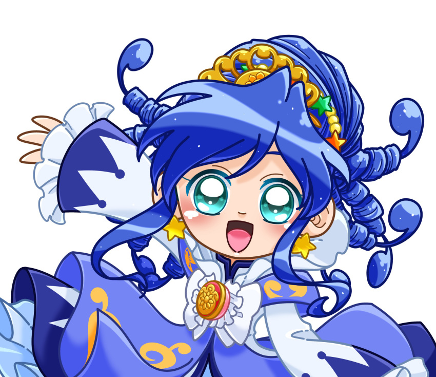 1girl, :d, aqua_eyes, arm_up, bell_sleeves, blue_dress, blue_hair, blush