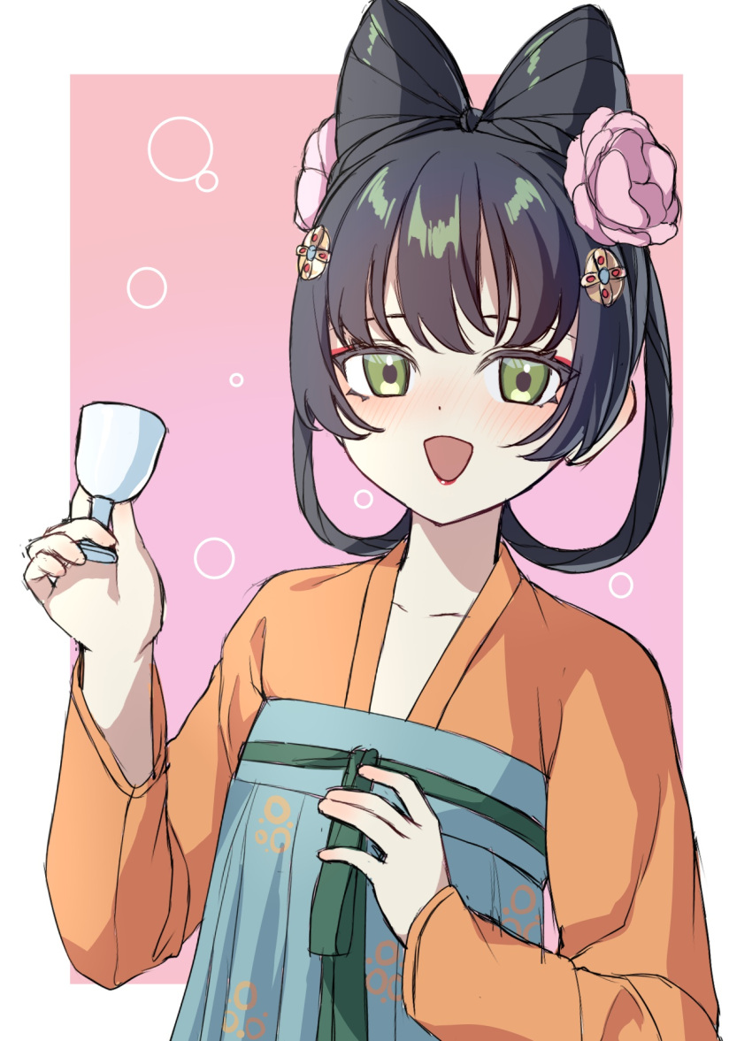 1girl, chinese_clothes, commentary_request, cup, flower, hair_flower, hair_horns, hair_ornament, hanfu, high-waist_skirt, highres, holding, holding_cup, kuroussa, looking_at_viewer, open_mouth, orange_hanfu, original, personification, skirt, tang_dynasty_(kuroussa), upper_body
