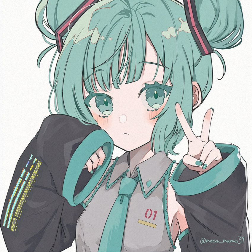 1girl, alternate_hairstyle, aqua_eyes, aqua_hair, commentary_request, grey_vest, hatsune_miku, highres, looking_at_viewer, moca_mame39, nail_polish, necktie, solo, upper_body, v, vest, vocaloid