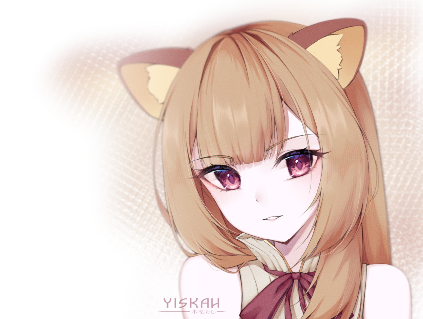 1girl, adapted_costume, animal_ear_fluff, animal_ears, artist_name, bare_shoulders, brown_background, brown_hair