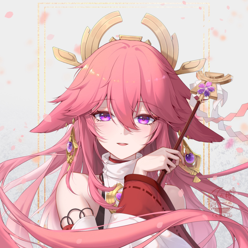 1girl, :d, animal_ear_earrings, animal_ears, artist_name, bare_shoulders, commentary_request, daqiao_paopaoji