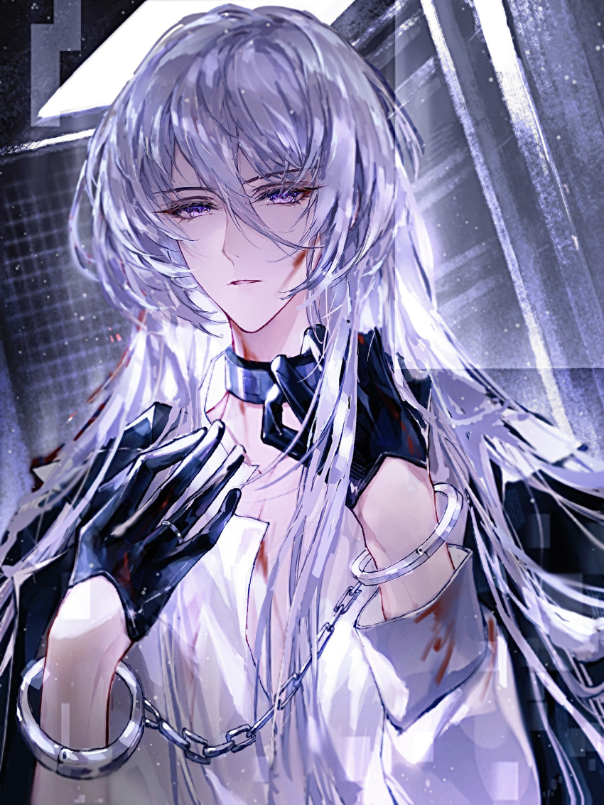 1boy, absurdres, black_gloves, black_jacket, blood, blood_on_clothes, blood_on_face, cael_anselm