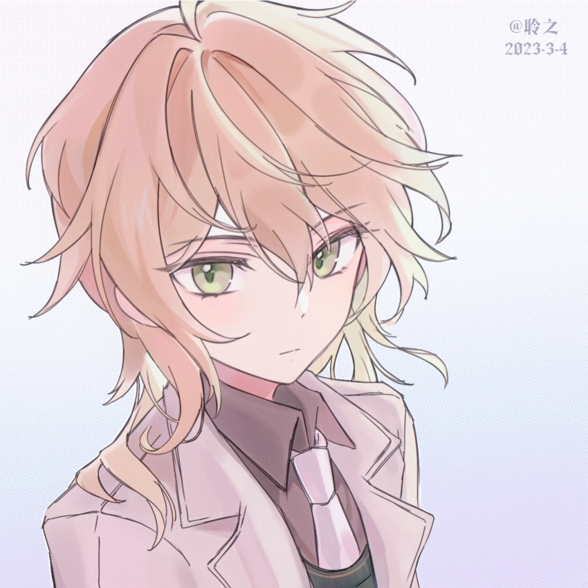 1boy, :|, alkaid_mcgrath, alkaid_mcgrath_(everyday_outfit), artist_name, blonde_hair, brown_shirt, chinese_commentary, closed_mouth, collared_shirt, commentary_request, green_eyes, green_sweater_vest, hair_between_eyes, highres, jacket, lapels, long_sleeves, lovebrush_chronicles, male_focus, medium_hair, necktie, notched_lapels, portrait, shirt, sideways_glance, simple_background, solo, sweater_vest, v-shaped_eyebrows, white_background, white_jacket, white_necktie, yaoyao24363