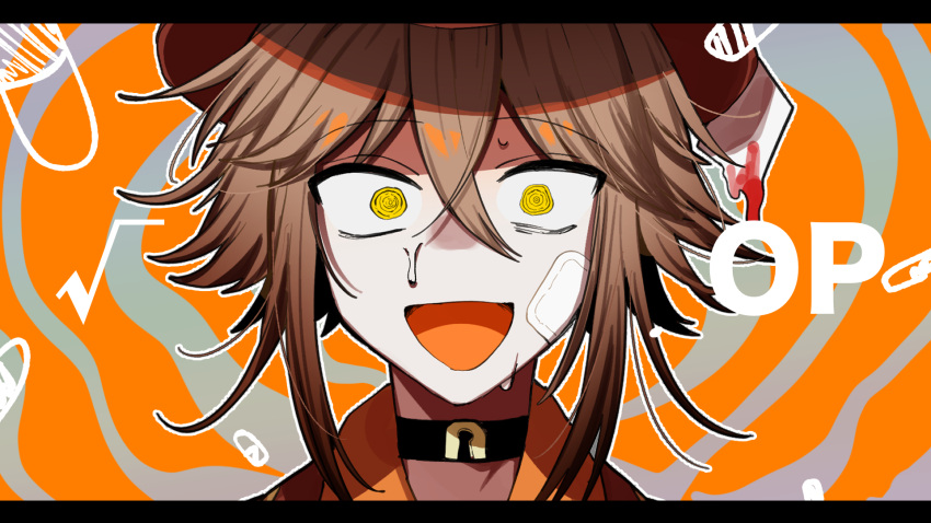 1boy, :d, abstract_background, alice_in_heaven, aosoraa6, black_choker, border, brown_hair