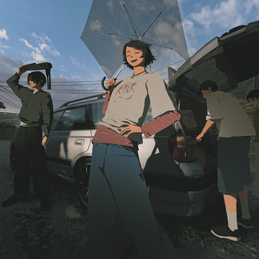 2boys, 2girls, ankle_socks, architecture, baseball_cap, black_hair, black_hoodie, black_shoes, blue_pants, blue_shorts, blue_sky, briefcase, car, clouds, cloudy_sky, commentary, denim, east_asian_architecture, english_commentary, faiz_azhar, fence, forza, forza_horizon_6, game_screenshot_background, grey_pants, grey_shirt, hat, highres, holding, holding_briefcase, hood, hood_down, hoodie, jeans, layered_shirt, layered_sleeves, long_sleeves, motor_vehicle, multiple_boys, multiple_girls, outdoors, pants, print_shirt, red_shirt, screenshot_background, shading_face, shirt, shoes, short_hair, short_over_long_sleeves, short_sleeves, shorts, sidelocks, sky, socks, station_wagon, striped_clothes, striped_shirt, swept_bangs, transparent, transparent_umbrella, umbrella, vehicle_request, white_socks, yellow_shirt