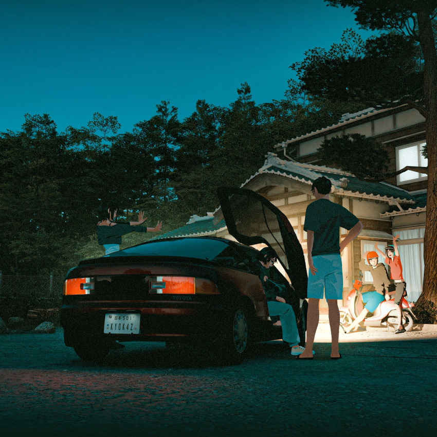 1boy, 1other, 3girls, architecture, black_hoodie, black_pants, black_shirt, blue_helmet