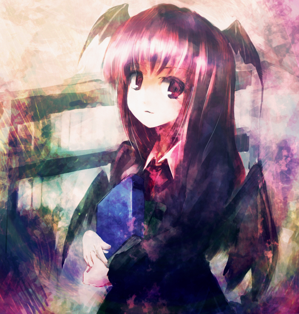 bat_wings, blazer, book, bookshelf, fang, hair_wings, hands_together, head_wings
