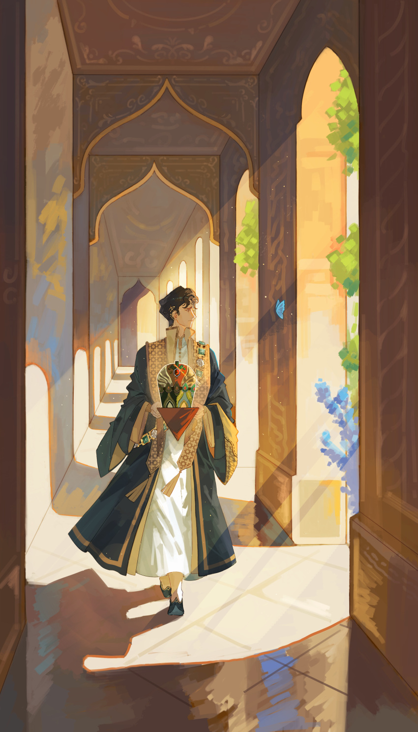 1boy, absurdres, arzu_(sultan's_game), black_hair, bug, butterfly, closed_mouth, commentary_request