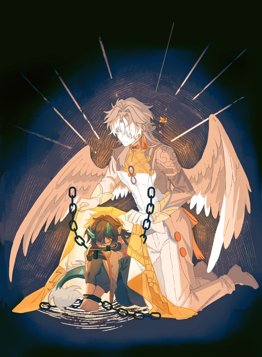 absurdres, black_gloves, black_hair, blade_(honkai:_star_rail), chain, chinese_clothes, closed_mouth, commentary_request, cuffs, dan_heng_(honkai:_star_rail), dragon_horns, gloves, hair_over_one_eye, highres, holding, honkai:_star_rail, honkai_(series), horns, jacket, long_hair, long_sleeves, male_focus, multiple_boys, pointy_ears, shackles, shirt, simple_background, sixueshuangnian, white_shirt
