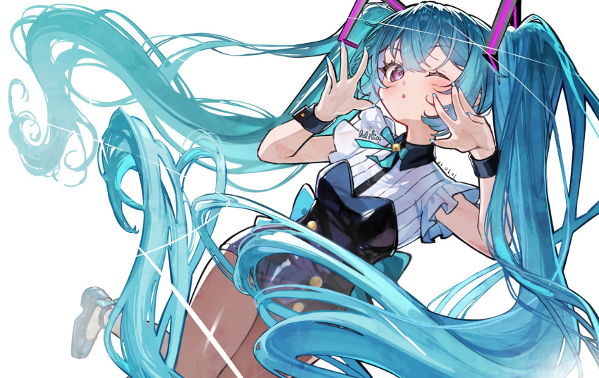1girl, :o, black_collar, black_leotard, blue_bow, blue_bowtie, blue_hair, blue_nails