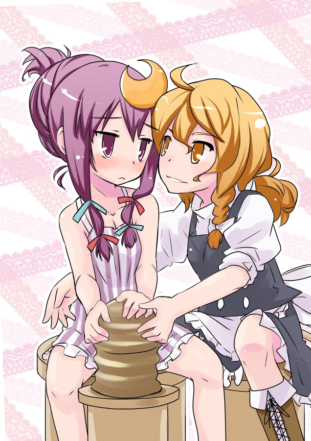 alternate_hairstyle, blonde_hair, blush, braid, clay, crescent, ghost_(film), hair_ribbon