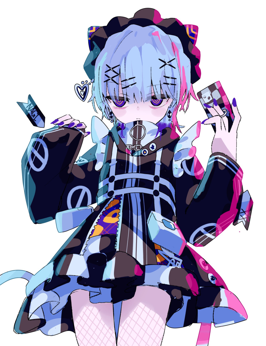 1girl, absurdres, black_dress, blue_hair, blue_nails, cellphone, character_name, closed_mouth, commentary, dress, fishnet_pantyhose, fishnets, foopy, hair_ornament, hairclip, haishin_shoujo_no_uraaka_meikyuu, hazama_nagi, heart, highres, holding, holding_phone, jacket, long_sleeves, looking_at_viewer, name_tag, pantyhose, phone, short_hair, simple_background, smartphone, solo, untranslatable_commentary, violet_eyes, white_background, x_hair_ornament