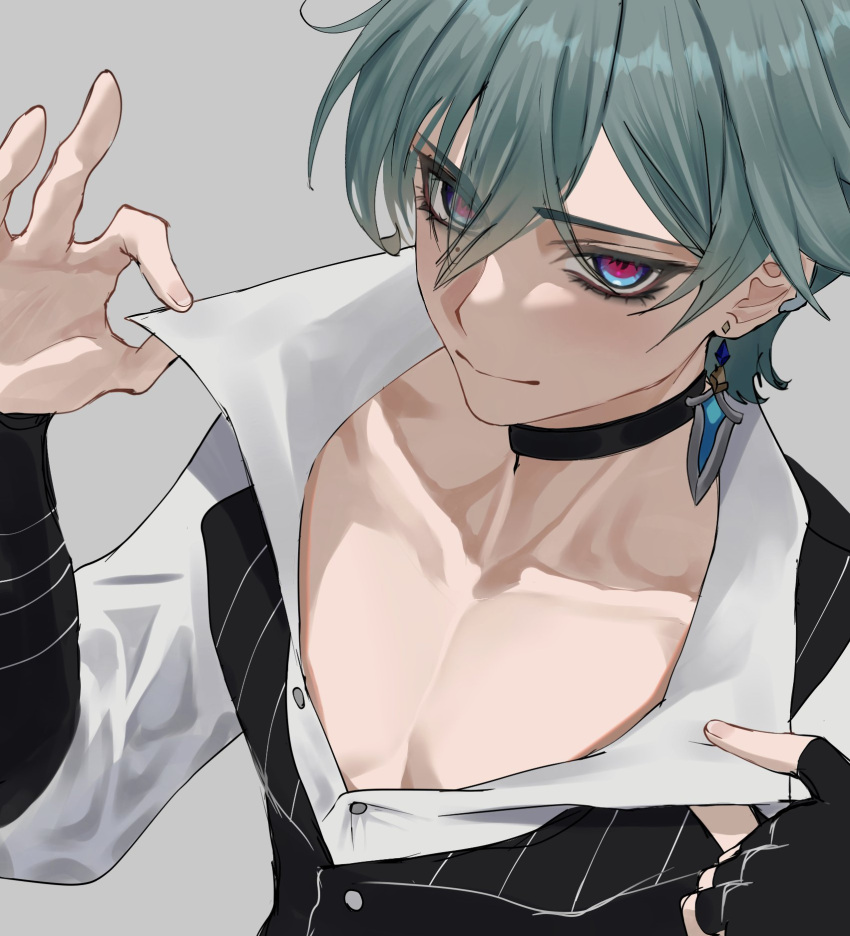 1boy, bare_shoulders, bishounen, black_choker, choker, collarbone, didin_ed, earrings