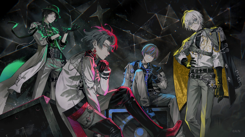 +_+, 4boys, adjusting_clothes, adjusting_necktie, animal_collar, aqua_eyes, aqua_hair, belt