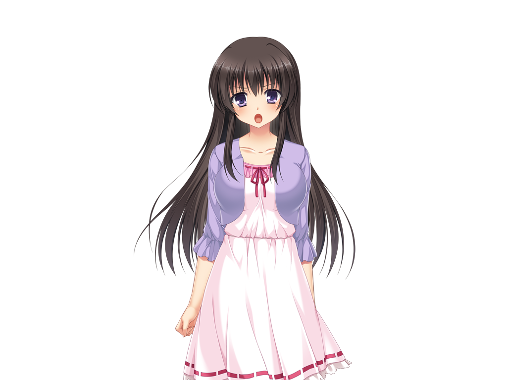 1girl, aomi_riru, black_hair, blush, breasts, cardigan, cowboy_shot, dress