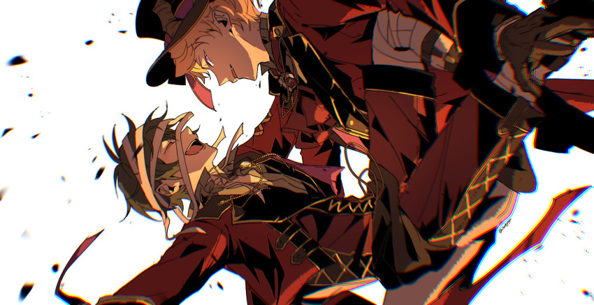 2boys, bandages, black_gloves, closed_eyes, commentary_request, ensemble_stars!, facing_another, gloves