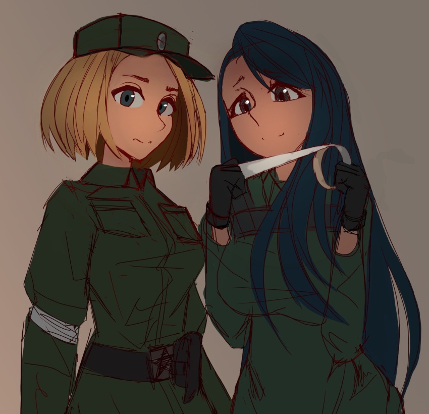 2girls, bandages, belt, black_belt, black_gloves, blonde_hair, blue_eyes, breasts