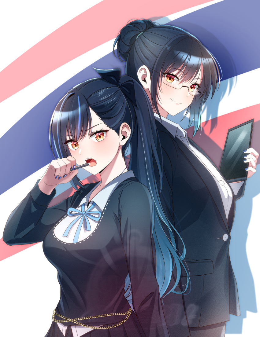 2girls, absurdres, asymmetrical_sidelocks, back-to-back, beyond_the_dimensions_isegye_idol, black_hair, black_jacket, black_ribbon