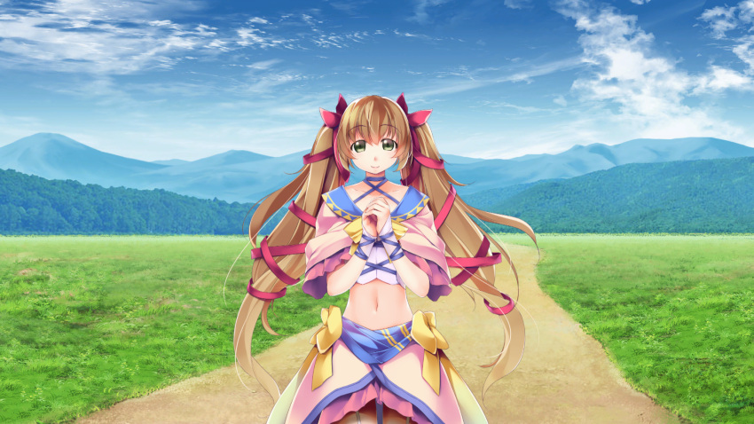 1girl, atelier-moo, blush, bow, brown_hair, capelet, carol_(our_battle_has_just_begun!), closed_mouth, collarbone, cowboy_shot, crop_top, fingerless_gloves, game_asset, gloves, green_eyes, hair_between_eyes, hair_ribbon, highres, lips, long_hair, navel, non-web_source, official_art, our_battle_has_just_begun!, outdoors, own_hands_clasped, own_hands_together, pink_capelet, red_ribbon, ribbon, self-datamine, sidelocks, skirt, smile, solo, standing, twintails, variant_set, very_long_hair, visual_novel_cg, yellow_bow