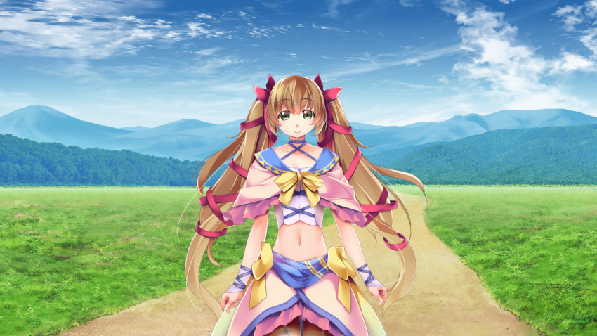1girl, arms_at_sides, atelier-moo, blush, bow, brown_hair, capelet, carol_(our_battle_has_just_begun!)