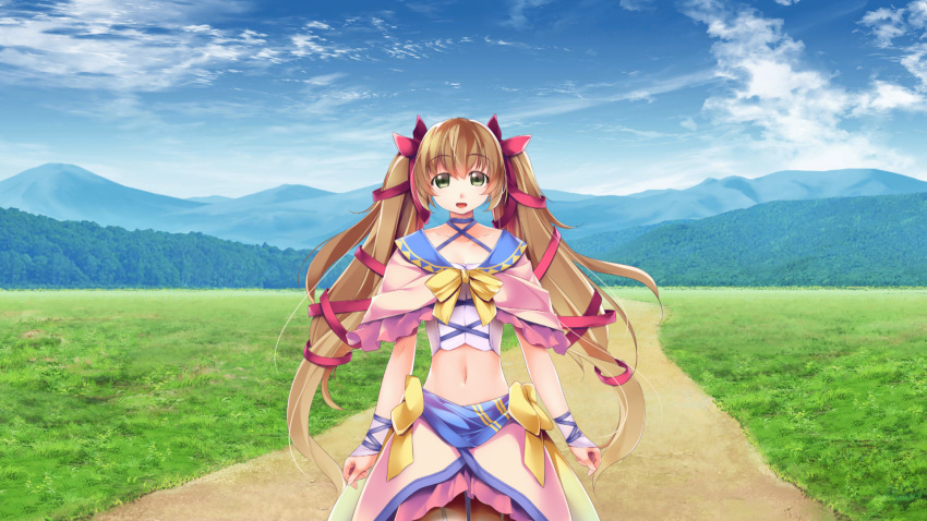 1girl, arms_at_sides, atelier-moo, blush, bow, brown_hair, capelet, carol_(our_battle_has_just_begun!)
