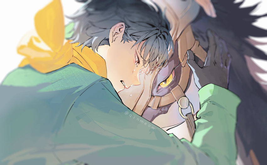 1boy, black_gloves, black_hair, brown_eyes, commentary_request, crying, crying_with_eyes_open, gloves