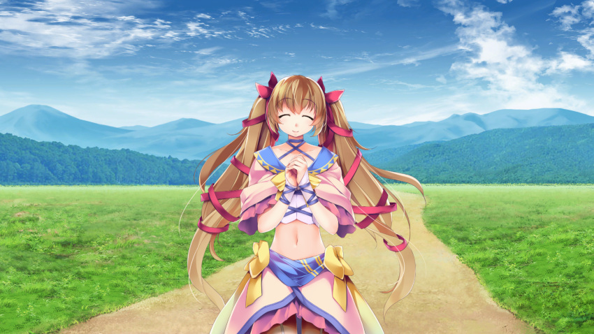 1girl, ^_^, atelier-moo, blush, bow, brown_hair, capelet, carol_(our_battle_has_just_begun!)